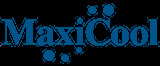 MaxiCool logo with blue text and decorative dots